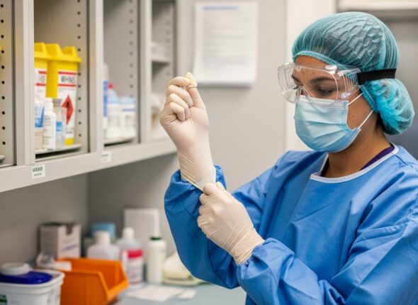 Healthcare worker properly donning personal protective
