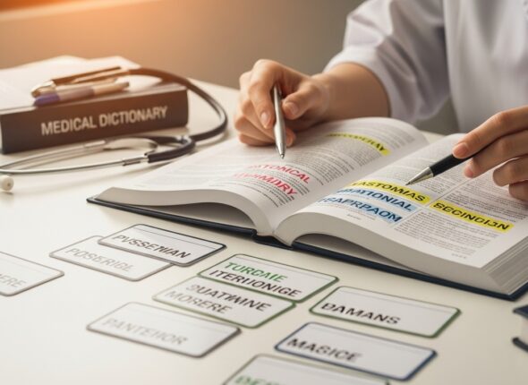 Open medical textbook with highlighted anatomical terms