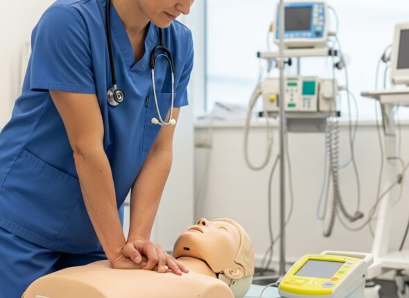 Professional healthcare worker in scrubs performing CPR