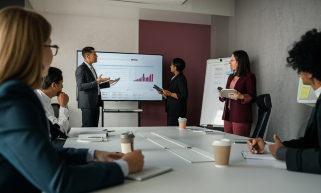 professional image of a diverse group of business professionals in a modern corporate training environment. Show 3-4 well-dressed people in business attire (suits, business casual) engaged in a professional development workshop. Include elements like a presenter at a digital screen, participants taking notes, and a clean, well-lit conference room with subtle professional decor. The image should convey expertise, quality training, and professional accreditation without any face masks. Use natural lighting and a color palette that includes subtle burgundy accents.